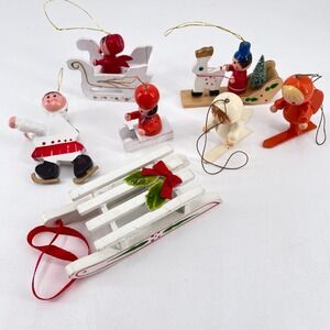 Vintage Wooden Christmas Ornaments Winter Outdoor Sled Skier Sleigh German x7